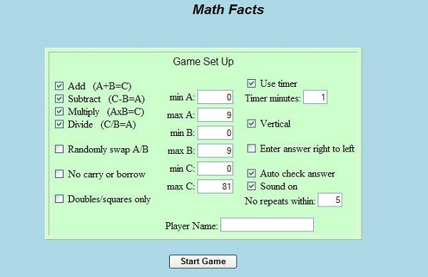 Math Facts Game Image